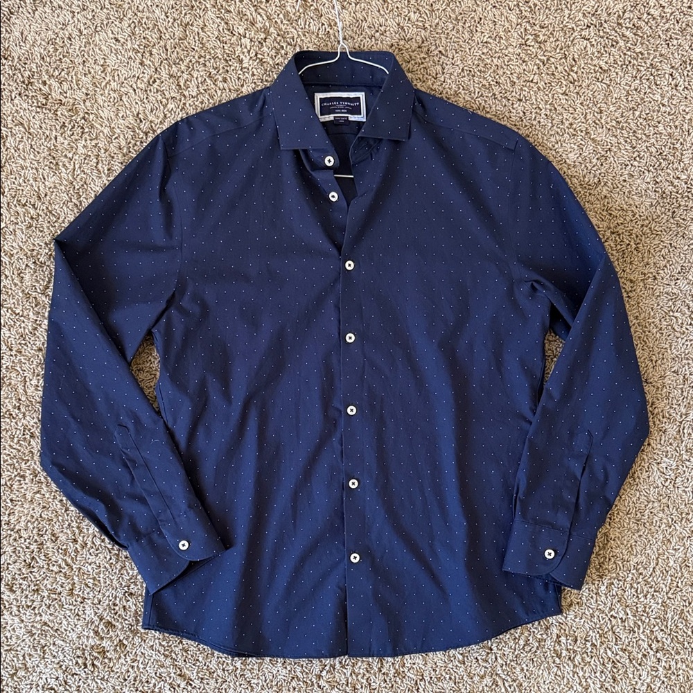 Charles Tyrwhitt Non-Iron Navy Button Down Shirt with Dot Pattern Extra Slim Fit
